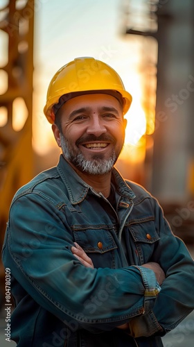 Civil Engineer Hispanic smiling with Constuction backgrounds, use for banner cover Success in target of project goal Handsome Middle Eastern worker ©  Green Creator
