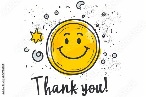 A smiley emoji face in the style of hand drawn drawing and thank you! text.