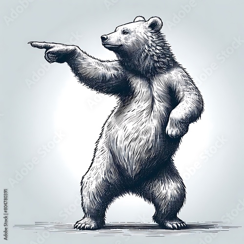 Dancing standing bear pointing with its paw sketch engraving generative ai fictional character raster illustration. Scratch board imitation. Black and white image.
 photo