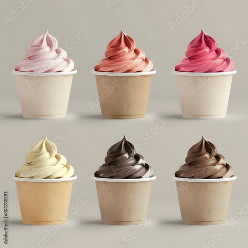 Mockup Strawberry frozen yogurt or soft ice cream, vanilla and chocolate frozen yogurt or soft ice cream in blank paper cup packaging template mockup collection with isolated background photo