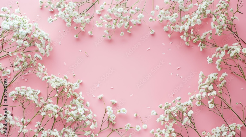 Fototapeta premium Celebrate special occasions like Women s Day weddings Mother s Day Easter and Valentine s Day with a lovely frame crafted from delicate white gypsophila flowers set against a soft pastel pi