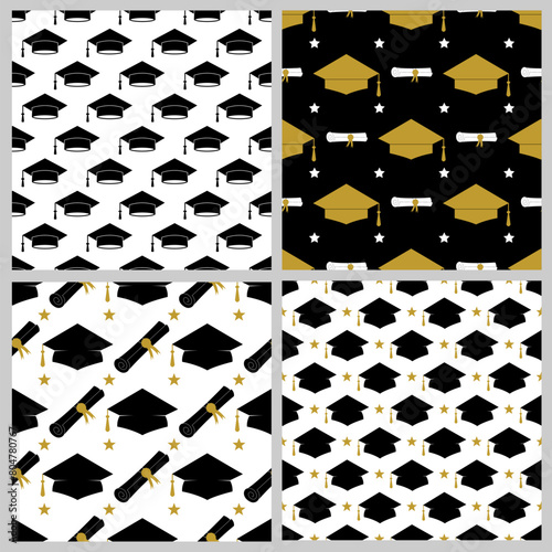Graduation cap seamless pattern. Set of 4. grad ceremony backdrop. Vector template for fabric, textile, wallpaper, wrapping paper, scrapbooking, etc.