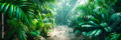 Dense Jungle Pathway  Lush Foliage and Ferns in a Tropical Rainforest Setting
