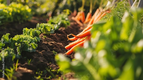 Vegetable Farming - Rows of vegetables like carrots, lettuce, and peppers. 
