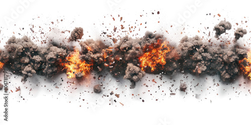 Carpet bombing explosions isolated on transparent background.