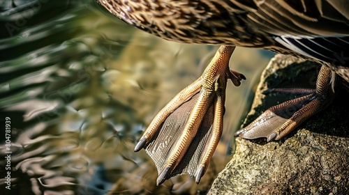 Duck's webbed foot, close up, details of texture and pattern, bright daylight, near water edge  photo