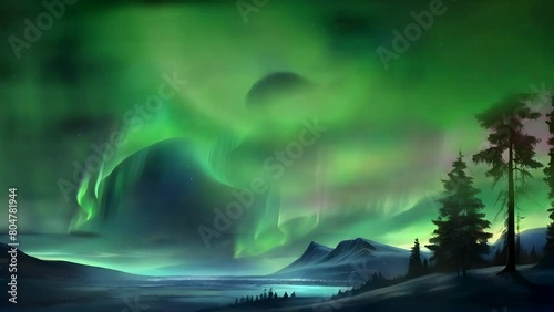 Arctic aurora borealis over night lake in starry sky, polar lights natural landscape. Northern amazing iridescent glowing wavy illumination shining abov photo