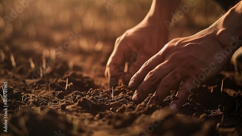 Farmer's hands planting seeds, close up, detailed soil texture, early morning light 