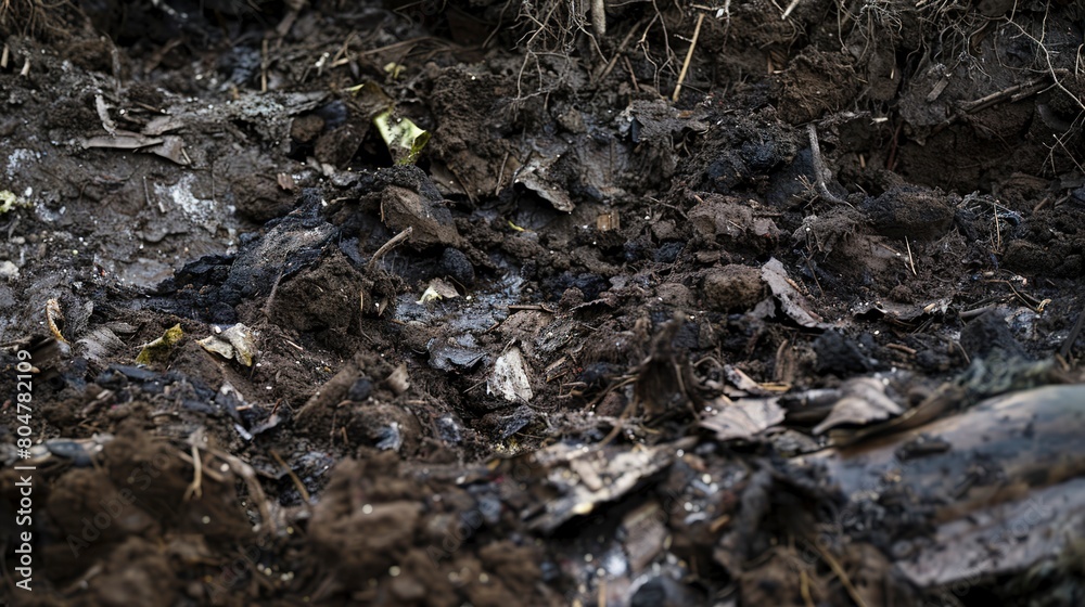 Organic compost pile, close up, detailed texture of decomposing material, overcast day 