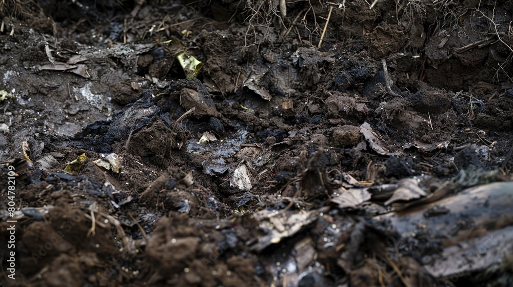 Organic compost pile, close up, detailed texture of decomposing material, overcast day Organic compost pile, close up, detailed texture of decomposing material, overcast day