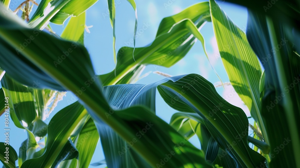 Organic cornstalks, close up, lush green against blue sky, focus on healthy leaves