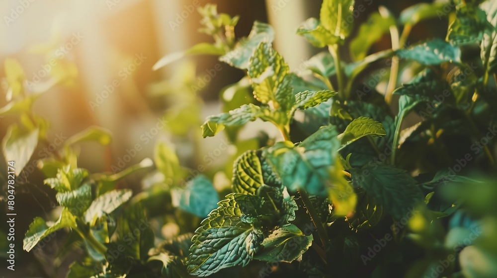 Fototapeta premium Close up on organic herbal garden, focus on mint leaves, vibrant colors, clear afternoon
