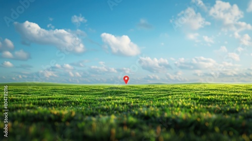 Green field under blue sky with pin location. Abstract concept image