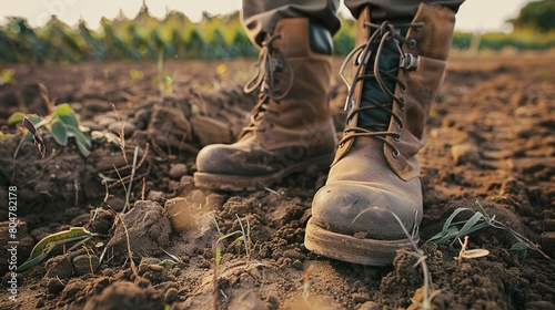 Farmer's boots in organic soil, close up, focus on earth and footwear, natural farming scene 