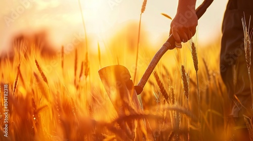 Farmer harvesting wheat, close up of scythe and golden stalks, late afternoon sun  photo
