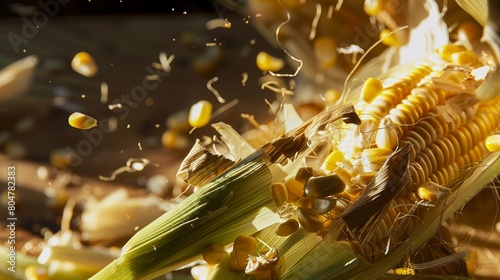 Close up of corn being shucked, golden kernels and green husks, bright daylight photo