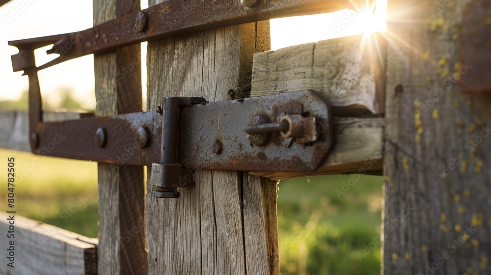 Farm gate, close up, old metal latch and wooden frame, focus on texture, sunset backlight Farm gate, close up, old metal latch and wooden frame, focus on texture, sunset backlight