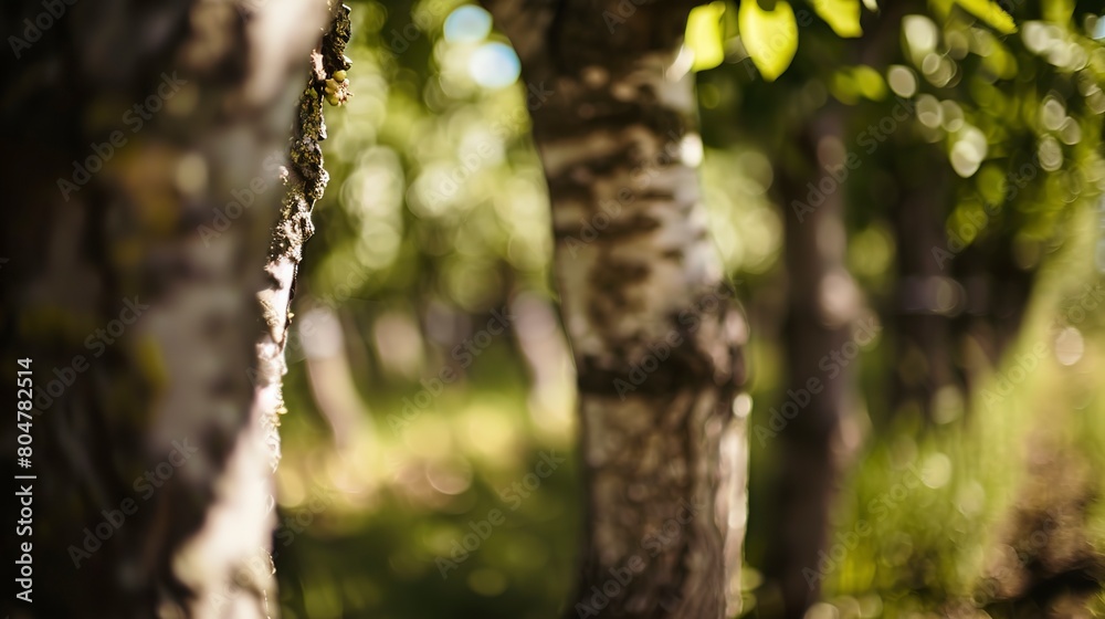 Fototapeta premium Orchard rows, close up, focus on tree bark textures, filtered light through leaves 