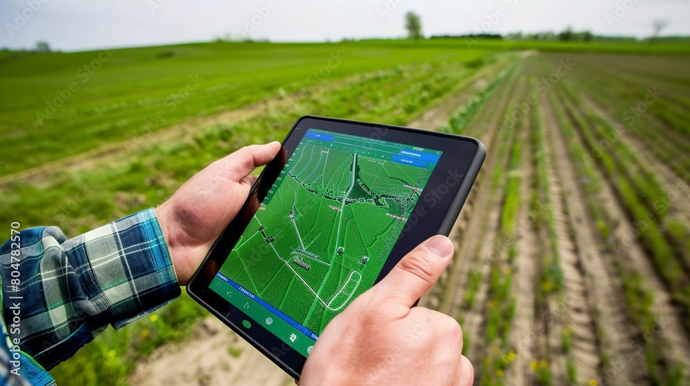 Smart farming tablet in farmer's hands, close up, displaying field data, clear day