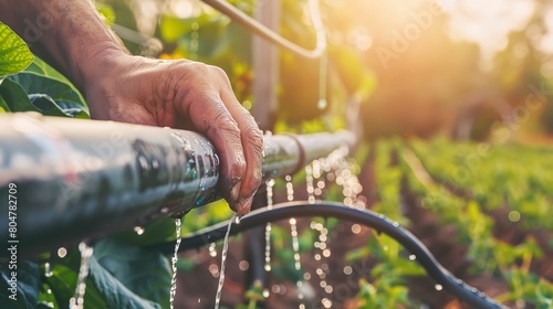 Farmer's hand adjusting drip irrigation line, close up, focus on water droplets, early morning  photo