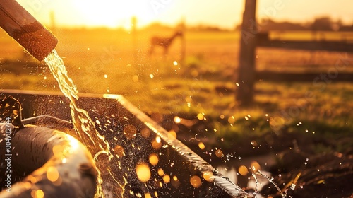 Hose filling water trough in pasture, close up, focus on water flow and splashes, sunset photo