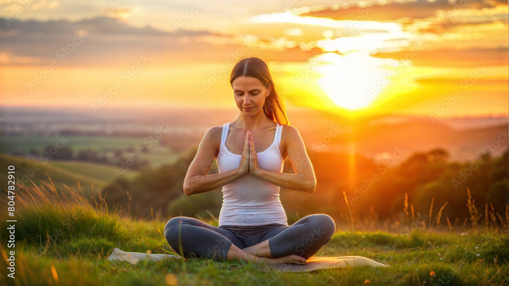 Person meditates in grass under a soft sunset, a harmony of warm and cool skies. A girl with her arms folded on her chest meditates in lotus pose. Soft sunset on the meadow.