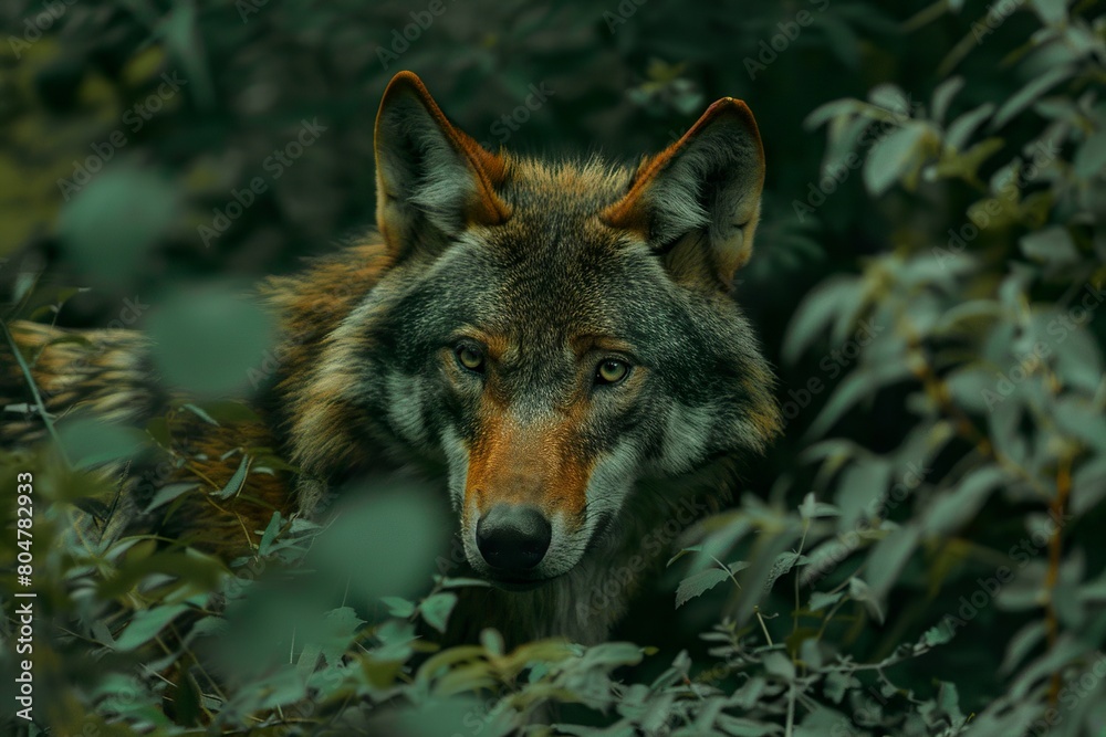 A fierce wolf lurks among the bushes of the green forest. Wolf camouflaged in a green forest environment with a penetrating gaze ready for action. A fierce wolf lurks among the bushes of the green forest. Wolf camouflaged in a green forest environment with a penetrating gaze ready for action.