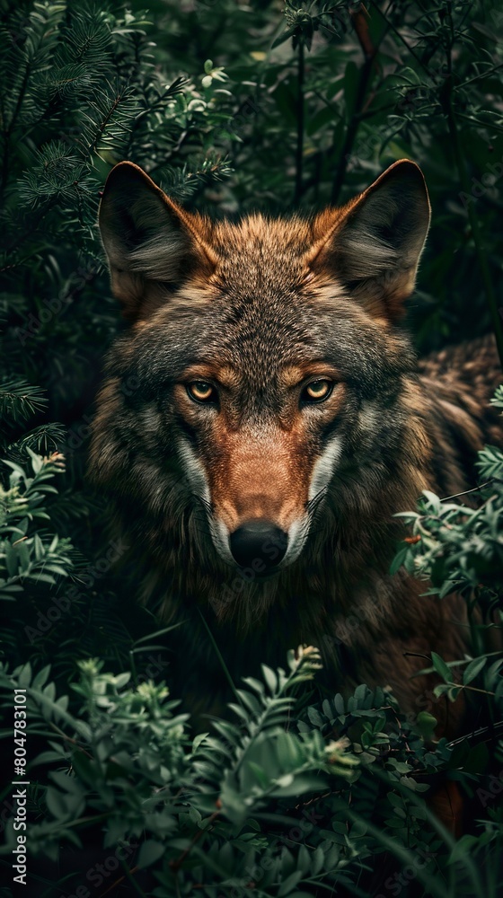 A fierce wolf lurks among the bushes of the green forest. Wolf camouflaged in a green forest environment with a penetrating gaze ready for action. A fierce wolf lurks among the bushes of the green forest. Wolf camouflaged in a green forest environment with a penetrating gaze ready for action.