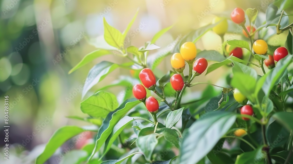 Pepper plants with red and yellow fruits, close up, vivid colors against green leaves, sunny day