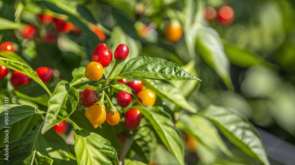 Pepper plants with red and yellow fruits, close up, vivid colors against green leaves, sunny day 