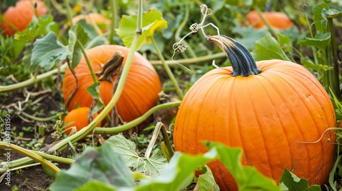 Pumpkins growing in field, close up, orange and round against green vines, autumn harvest 
