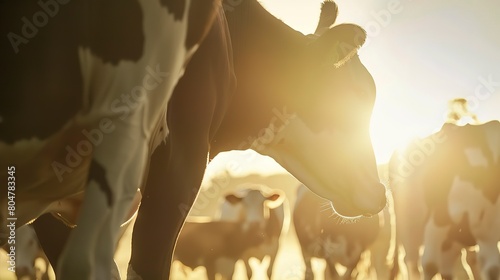 Dairy cow herd at sunrise, close up on a lead cow, serene morning light, peaceful herd scene photo