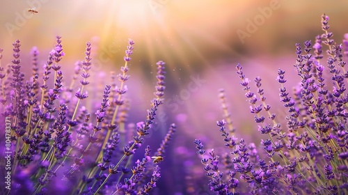 Close up of lavender rows, purple blooms, soft focus background, bees buzzing, gentle sunset 