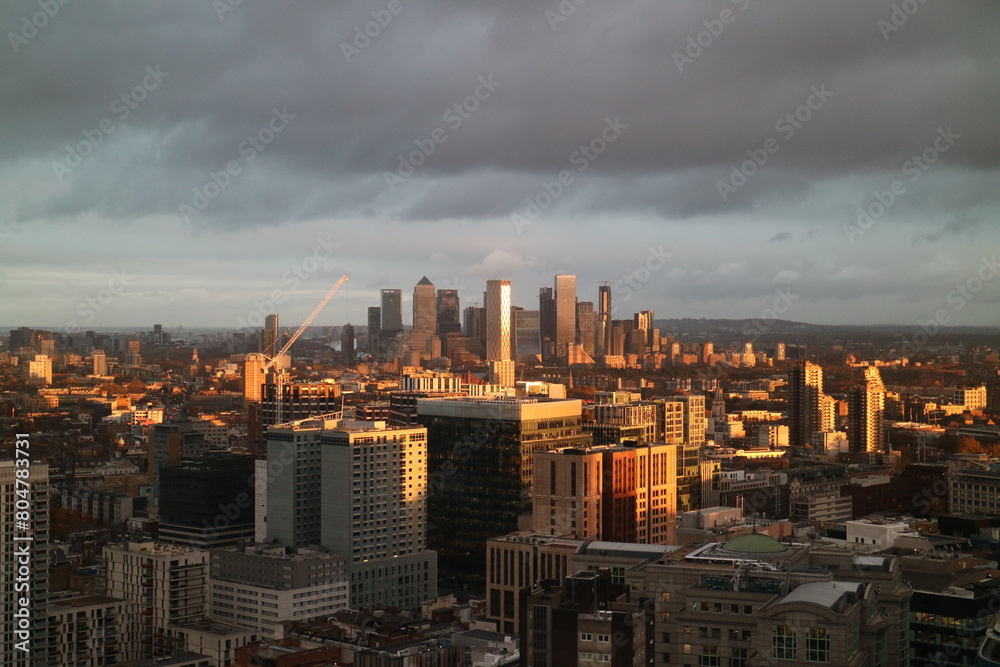 Magnificent panorama of business buildings at sunset