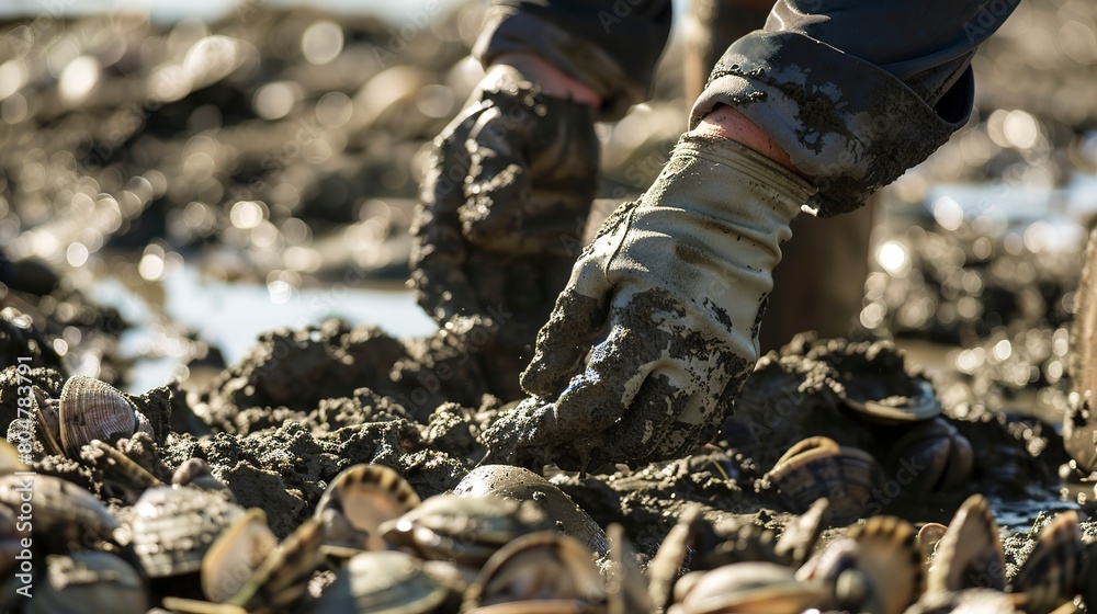 Clam harvesting, close up, hands sifting through mud, focus on clams and earth, morning work 