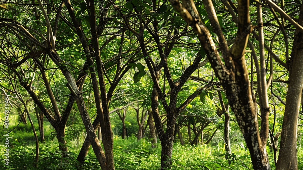 Sustainable agroforestry practice, close up on tree canopy and undergrowth, demonstrating layered agriculture 