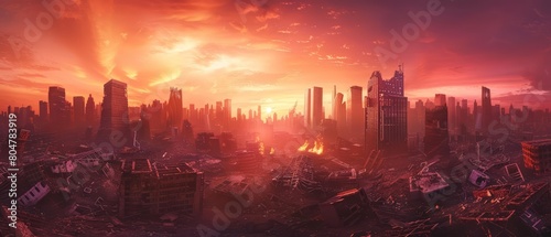 A post-apocalyptic cityscape. The sky is red and the buildings are in ruins. There is a fire burning in the distance.