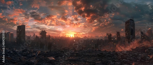 A post-apocalyptic cityscape. The sky is a fiery orange  and the buildings are in ruins. The scene is one of devastation and destruction.