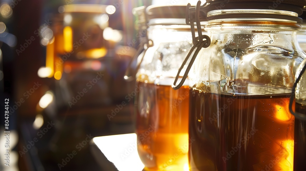 Local honey jars in sunlight, close up, golden liquid shimmering, artisanal product display Local honey jars in sunlight, close up, golden liquid shimmering, artisanal product display