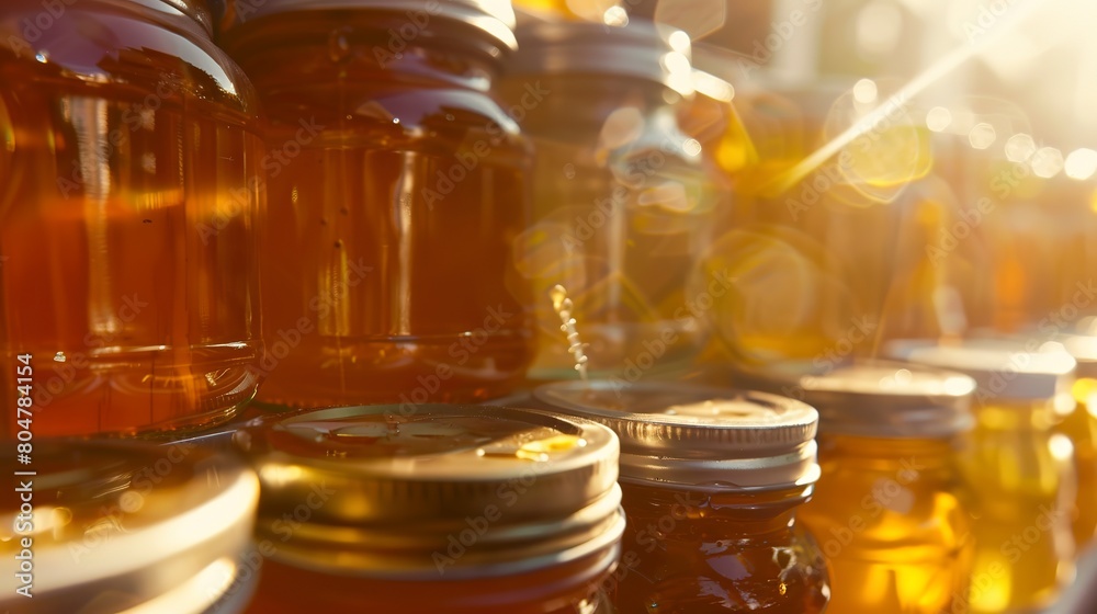 Local honey jars in sunlight, close up, golden liquid shimmering, artisanal product display - Local honey jars in sunlight, close up, golden liquid shimmering, artisanal product display -