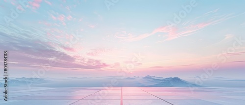 A wide, flat expanse of glass or stone juts out into the sky. The ground is covered in a light mist, and the sky is a gradient of pink, blue, and purple. photo