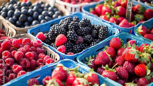 Baskets of mixed berries on market table  close up  ripe and colorful  summer harvest