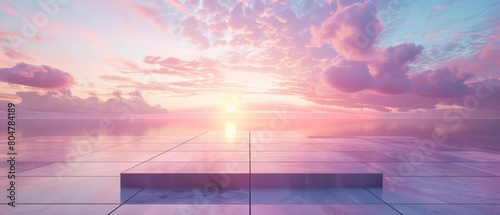 A wide, empty marble platform juts out over a body of water. The sky is a gradient of pink, orange, and yellow, with wispy clouds. The water is calm and still, reflecting the sky. photo