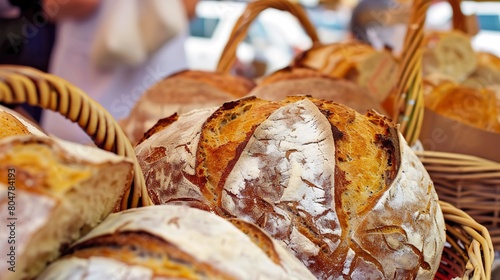 Freshly baked breads on market stall, close up, crusty loaves, enticing aroma, artisan baking