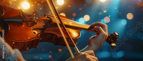 A violinist passionately plays their violin onstage, lost in the music. The violin is an extension of their body, and the music flows through them.