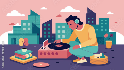 Assembling the record player becomes a theutic and relaxing activity for stressedout city dwellers looking for a break. Vector illustration