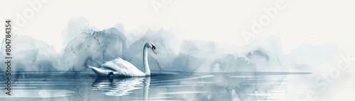 An elegant swan glides gracefully across the still waters of a tranquil lake, its serene beauty is captured in this stunning watercolor painting