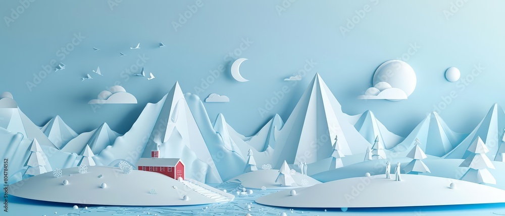 Create a 3D winter landscape illustration of a small red house in a snowy valley surrounded by icy mountains and pine trees