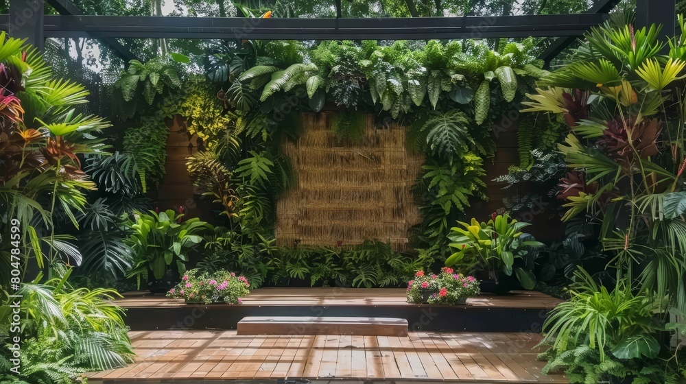 A lush tropical garden with a wooden stage surrounded by a variety of plants and flowers.