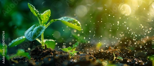 A tiny plant grows towards the light. Raindrops fall on the leaves. The plant grows strong.